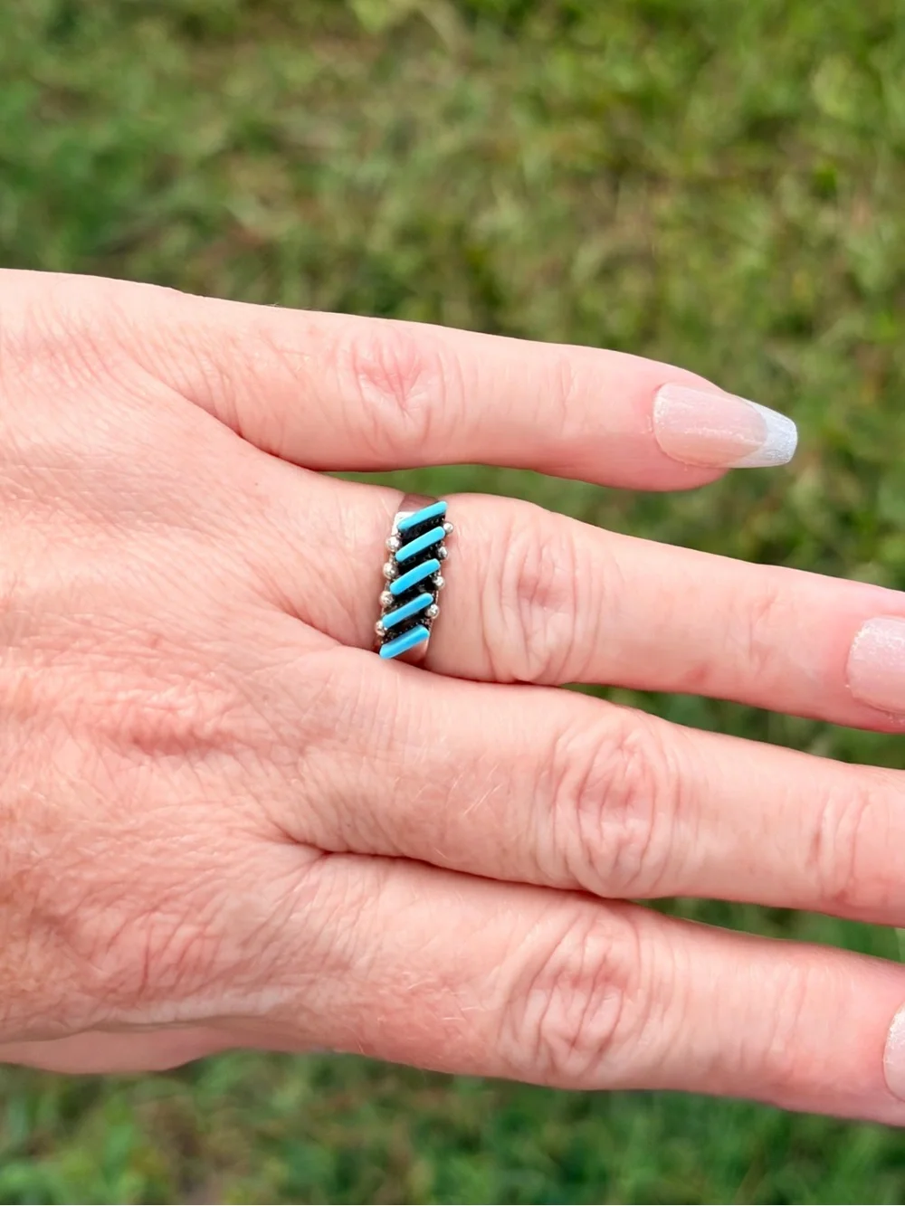 Cletus Lamy Signed 925 Sterling Silver Kingman Turquoise Inlay Chevron Ring